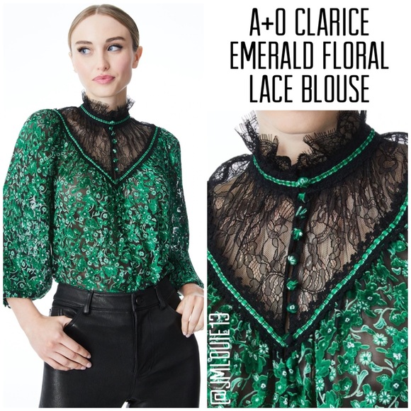 Alice + Olivia Tops - Alice + Olivia Clarice Emerald Floral Lace Blouse
